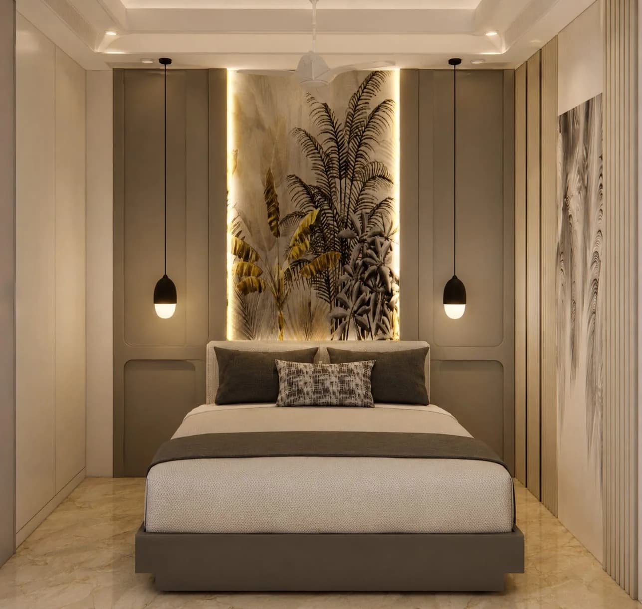 Project 21 DR bedroom with botanical wall detailing and pendant lights