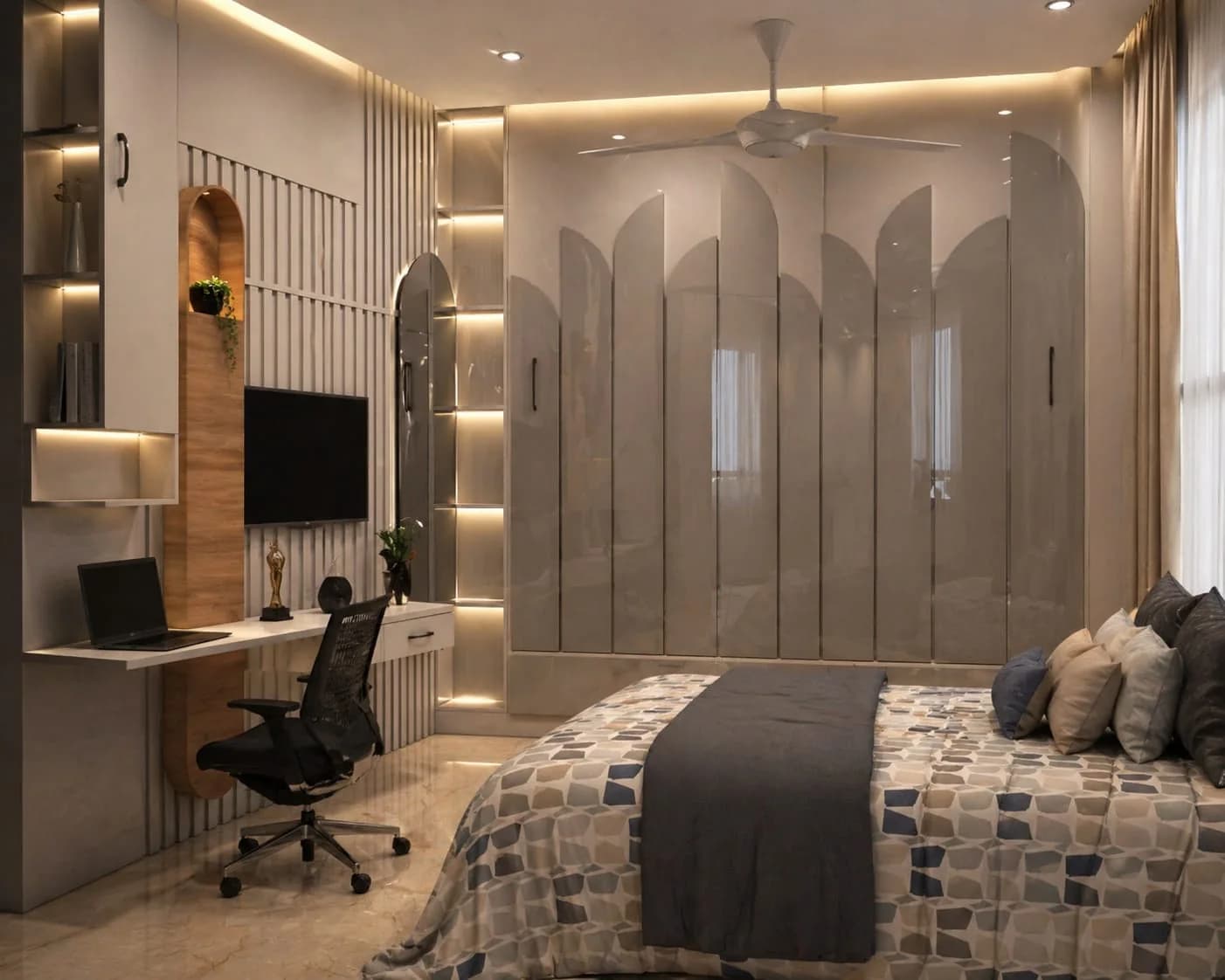 Project 21 DR bedroom with a fitted desk and full-height wardrobes