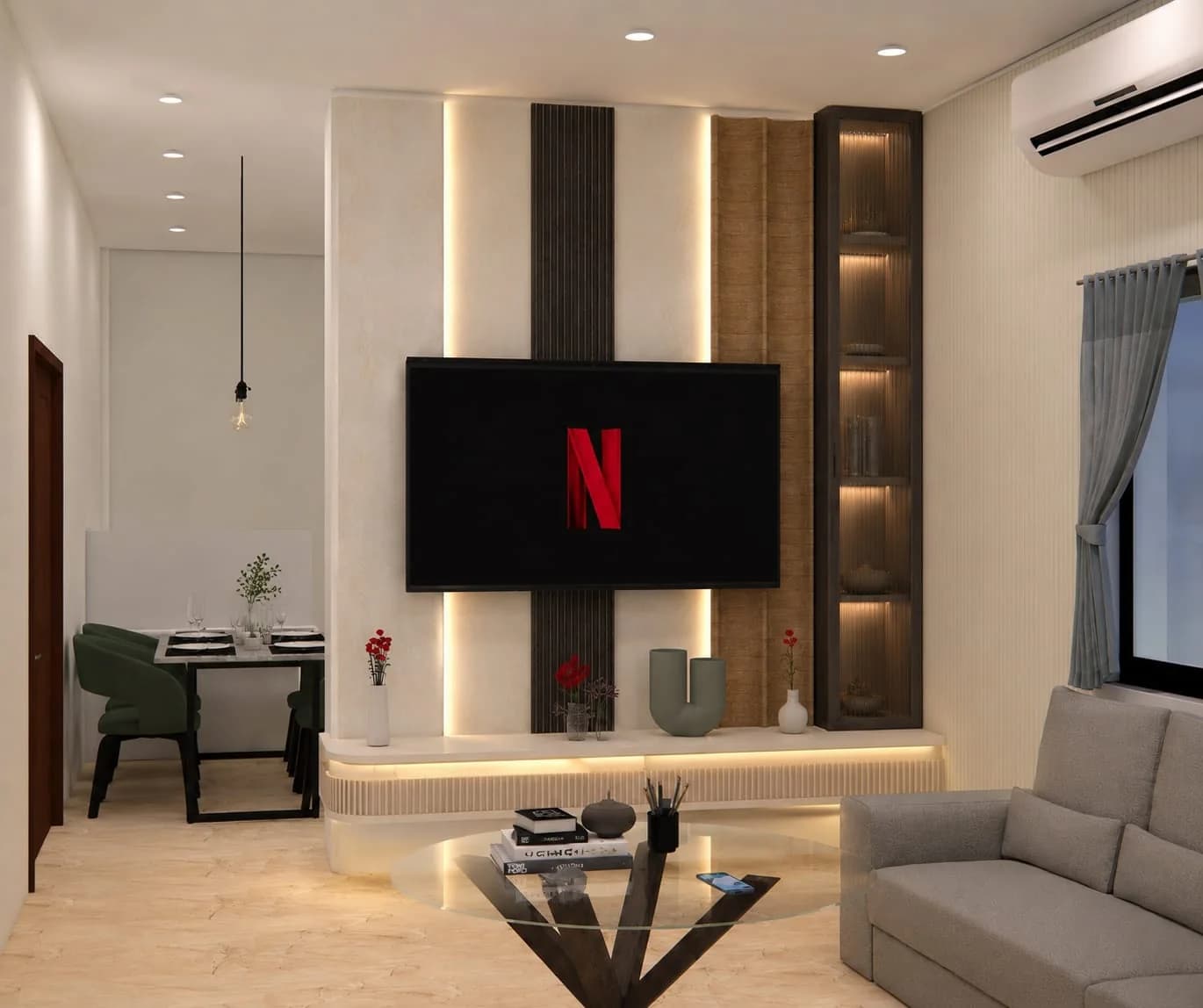 Project 21 DR living area with illuminated wall panelling beside a dining space