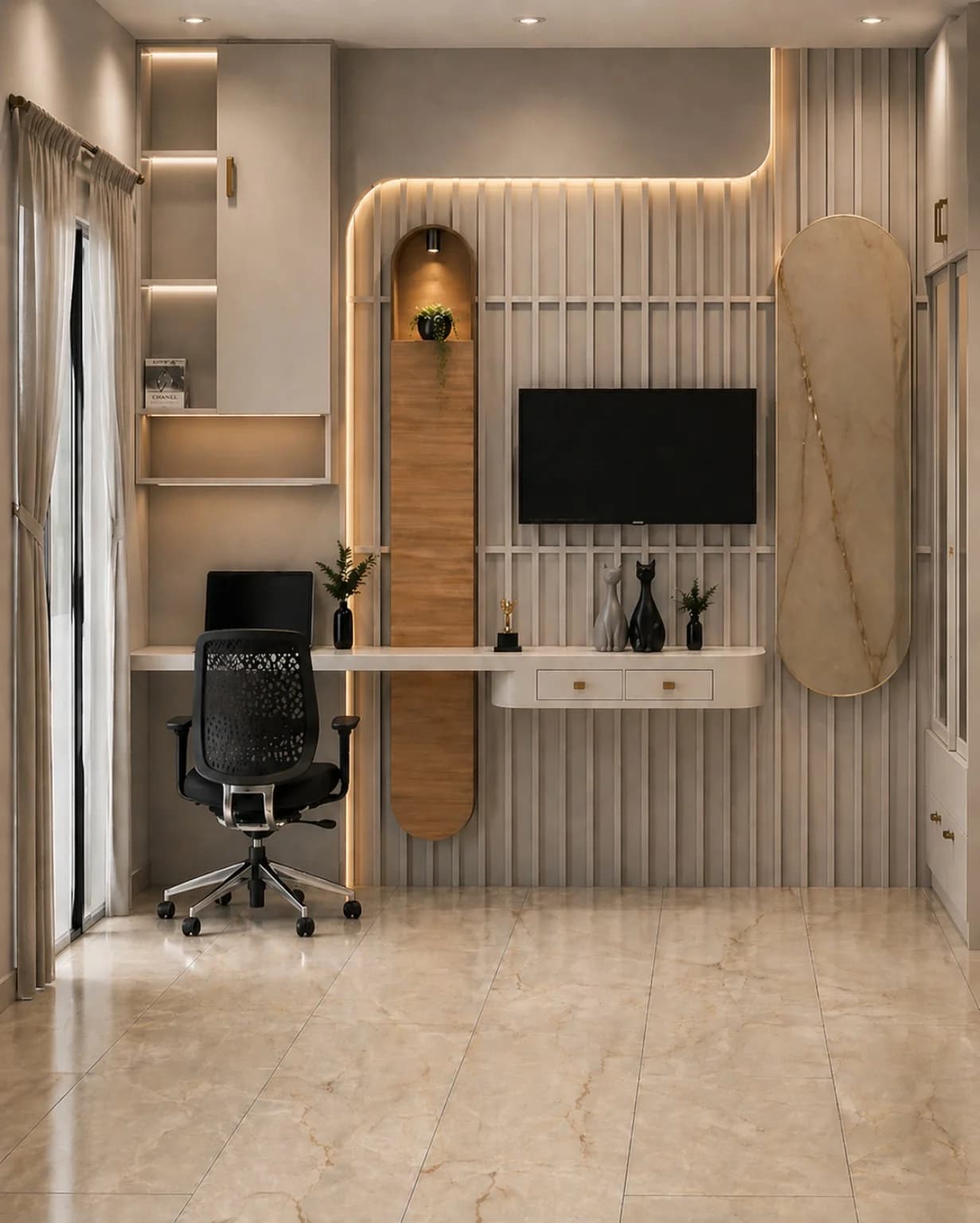 Project 21 DR study wall with a curved timber niche, desk and oval mirror